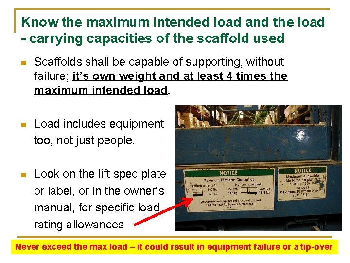 Know the maximum intended load and the load - carrying capacities of the scaffold
