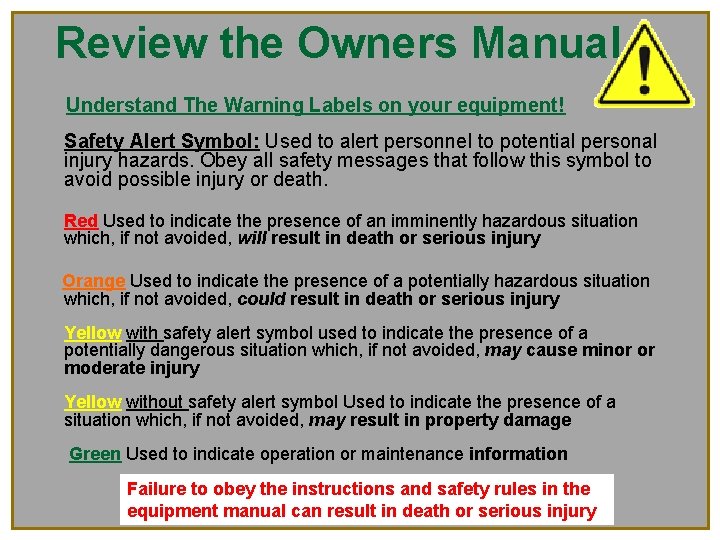 Review the Owners Manual Understand The Warning Labels on your equipment! Safety Alert Symbol: