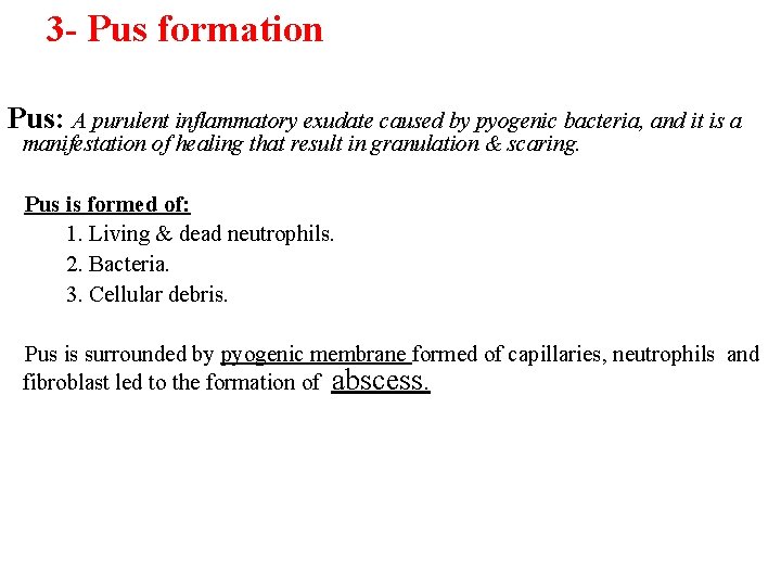 3 - Pus formation Pus: A purulent inflammatory exudate caused by pyogenic bacteria, and