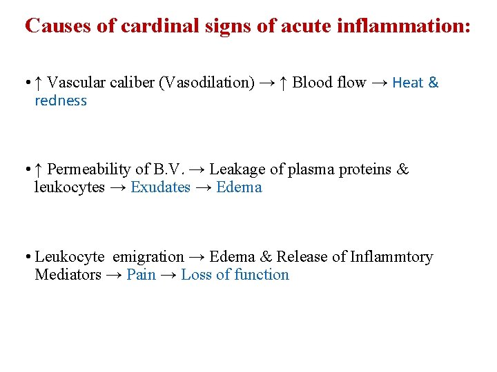 Causes of cardinal signs of acute inflammation: • ↑ Vascular caliber (Vasodilation) → ↑