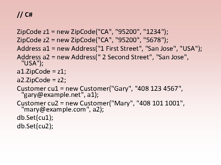 // C# Zip. Code z 1 = new Zip. Code("CA", "95200", "1234"); Zip. Code