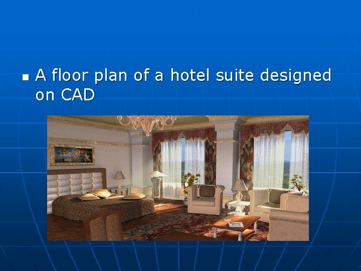 n A floor plan of a hotel suite designed on CAD 