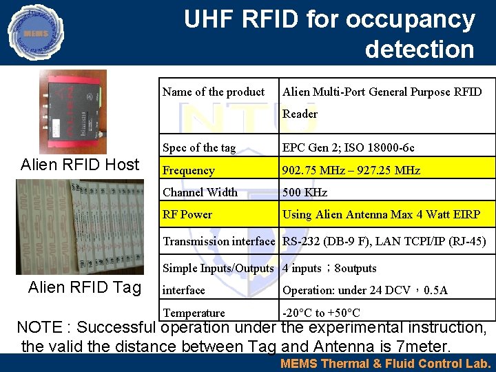 UHF RFID for occupancy detection Name of the product Alien Multi-Port General Purpose RFID