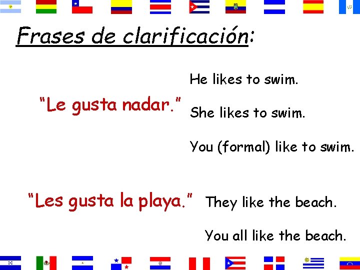 Frases de clarificación: He likes to swim. “Le gusta nadar. ” She likes to