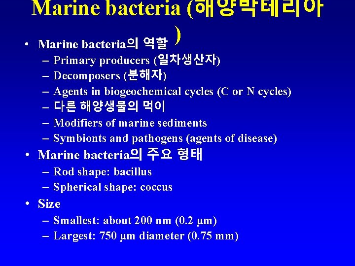 Marine bacteria (해양박테리아 ) • Marine bacteria의 역할 – – – Primary producers (일차생산자)