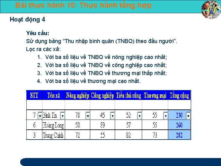 Bài thực hành 10: Thực hành tổng hợp Hoạt động 4 Yêu cầu: Sử