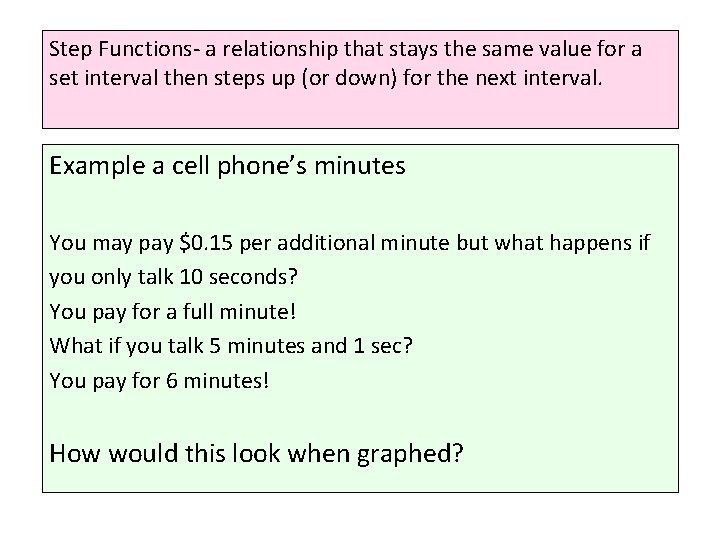 Step Functions- a relationship that stays the same value for a set interval then Step Functions- a relationship that stays the same value for a set interval then