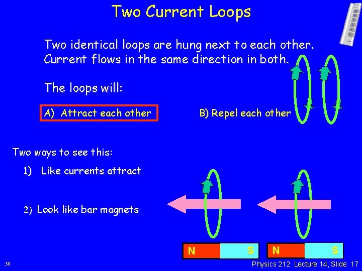 Two Current Loops Two identical loops are hung next to each other. Current flows