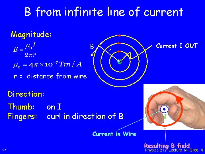 B from infinite line of current Magnitude: B Current I OUT r • r