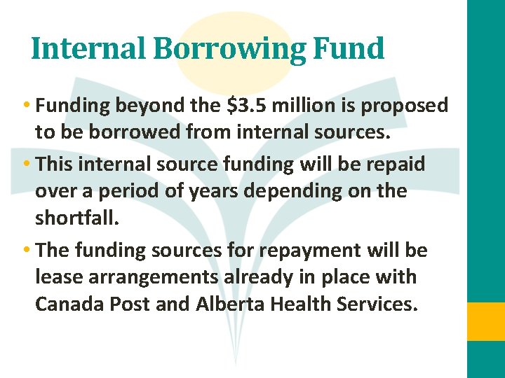 Internal Borrowing Fund • Funding beyond the $3. 5 million is proposed to be