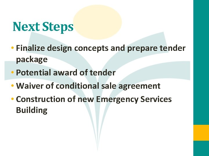 Next Steps • Finalize design concepts and prepare tender package • Potential award of
