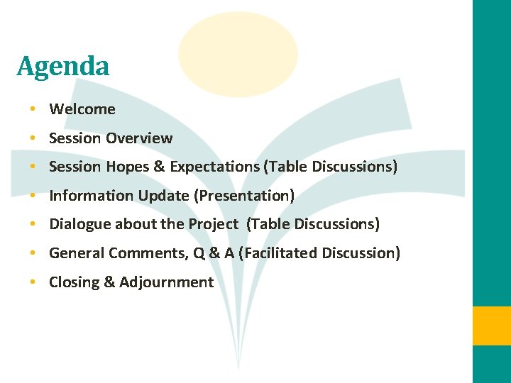 Agenda • Welcome • Session Overview • Session Hopes & Expectations (Table Discussions) •