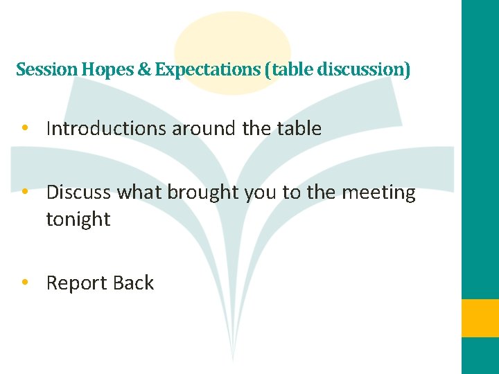 Session Hopes & Expectations (table discussion) • Introductions around the table • Discuss what