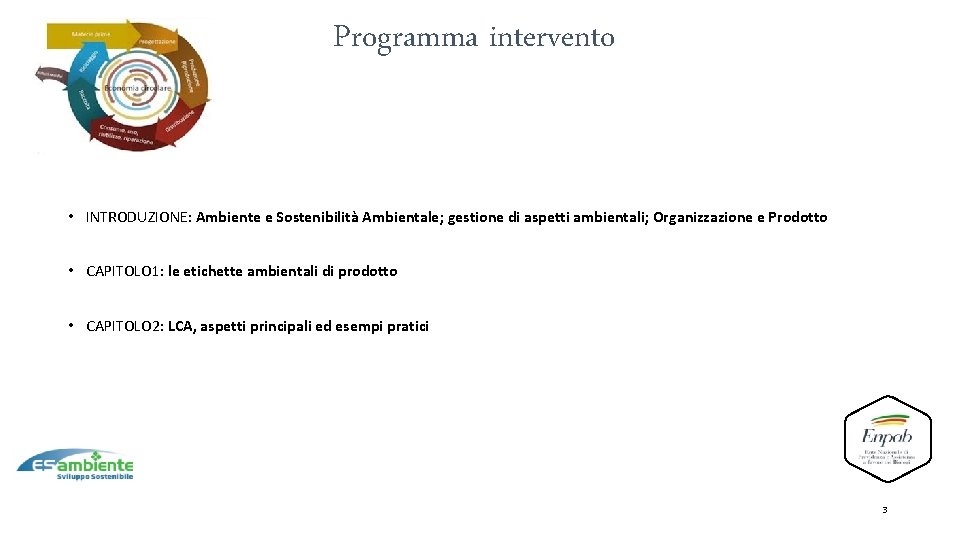 Programma intervento • INTRODUZIONE: Ambiente e Sostenibilità Ambientale; gestione di aspetti ambientali; Organizzazione e