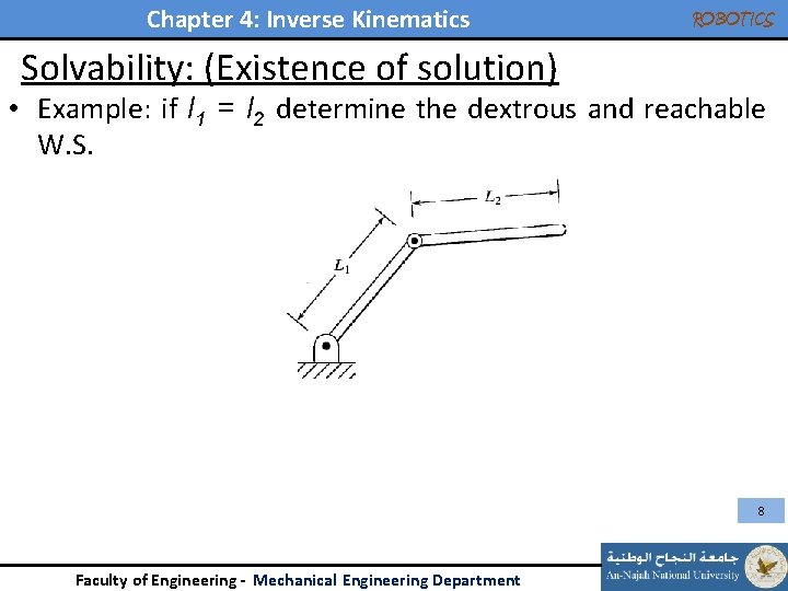 Chapter 4: Inverse Kinematics ROBOTICS Solvability: (Existence of solution) • Example: if l 1
