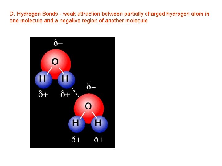 D. Hydrogen Bonds - weak attraction between partially charged hydrogen atom in one molecule