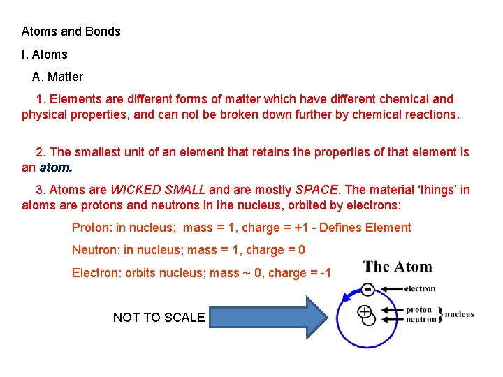 Atoms and Bonds I. Atoms A. Matter 1. Elements are different forms of matter
