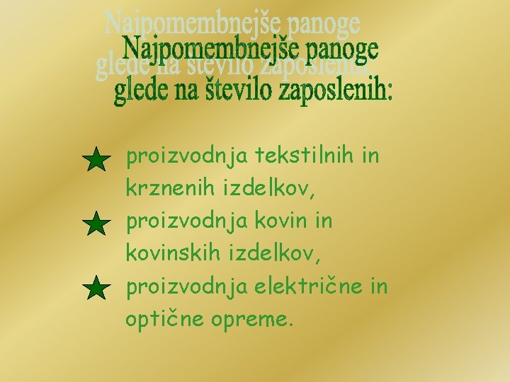 proizvodnja tekstilnih in krznenih izdelkov, proizvodnja kovin in kovinskih izdelkov, proizvodnja električne in optične