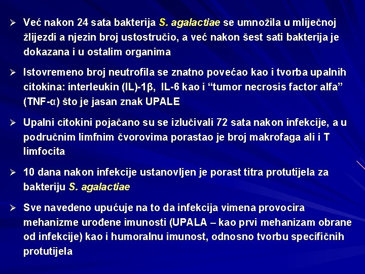 Ø Već nakon 24 sata bakterija S. agalactiae se umnožila u mliječnoj žlijezdi a