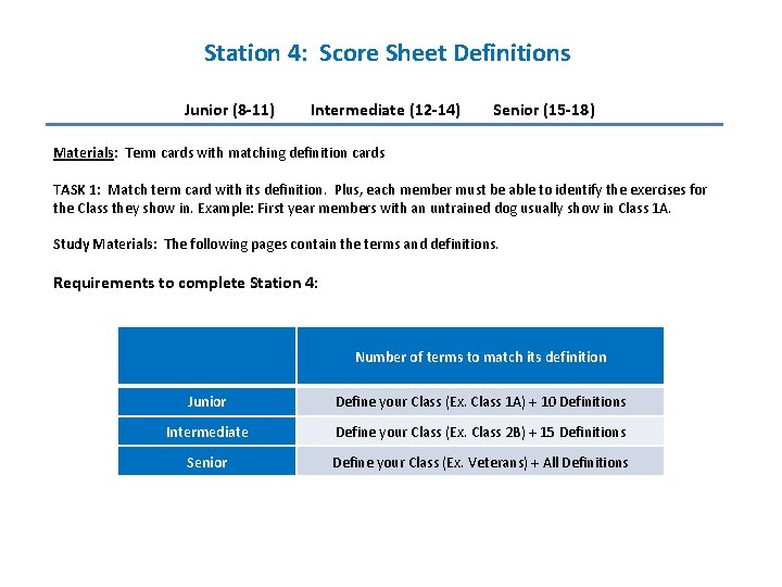 Station 4: Score Sheet Definitions Junior (8 -11) Intermediate (12 -14) Senior (15 -18)