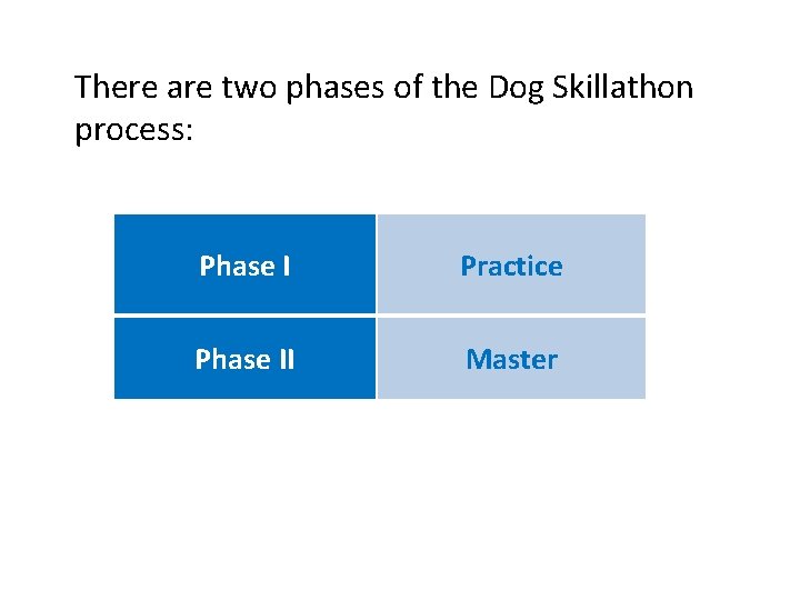 There are two phases of the Dog Skillathon process: Phase I Practice Phase II