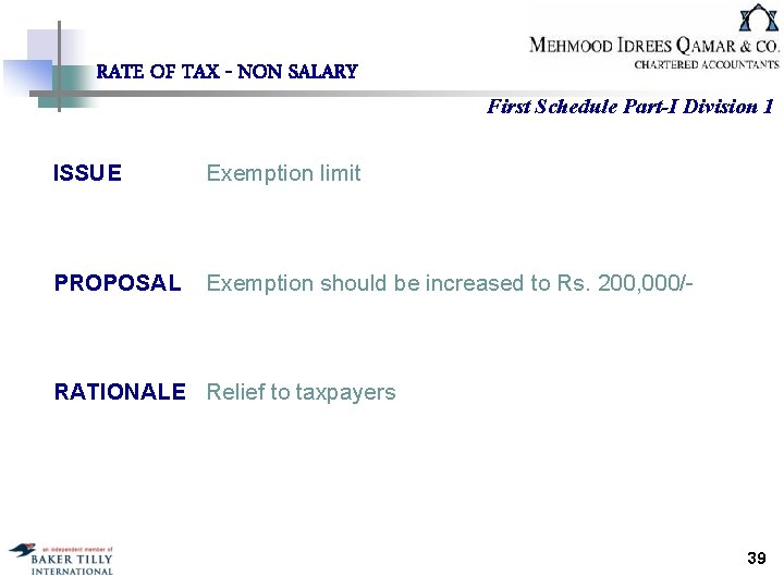 RATE OF TAX - NON SALARY First Schedule Part-I Division 1 ISSUE Exemption limit