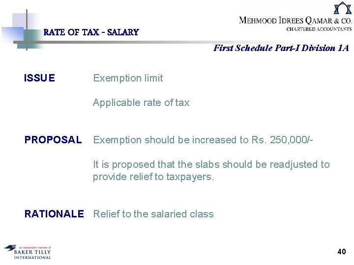 RATE OF TAX - SALARY ISSUE First Schedule Part-I Division 1 A Exemption limit