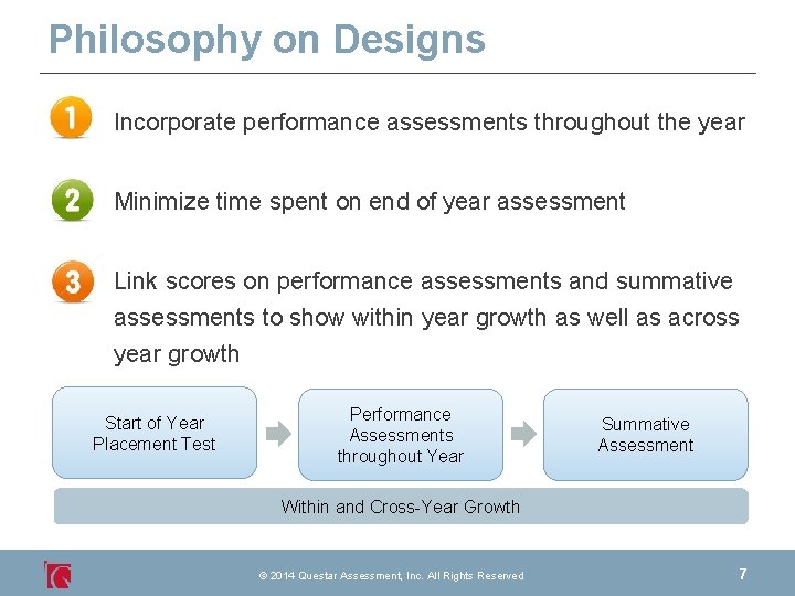 Philosophy on Designs Incorporate performance assessments throughout the year Minimize time spent on end