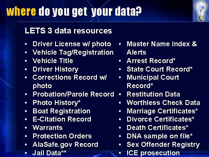 where do you get your data? LETS 3 data resources • • • •