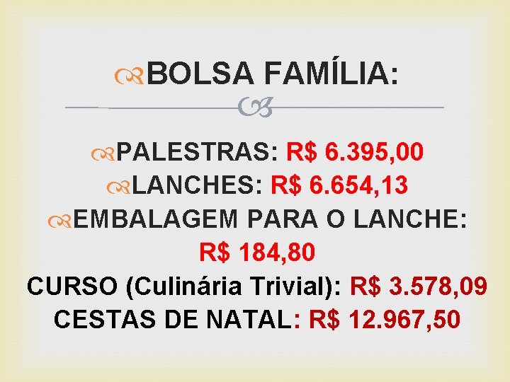  BOLSA FAMÍLIA: PALESTRAS: R$ 6. 395, 00 LANCHES: R$ 6. 654, 13 EMBALAGEM