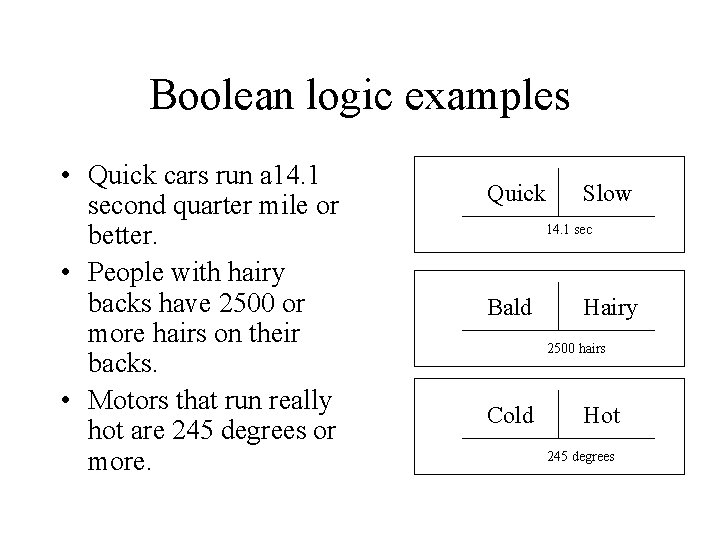 Boolean logic examples • Quick cars run a 14. 1 second quarter mile or