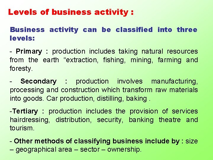 Levels of business activity : Business activity can be classified into three levels: -