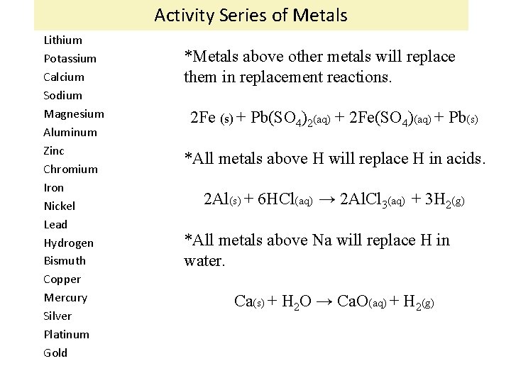 Activity Series of Metals Lithium Potassium Calcium Sodium Magnesium Aluminum Zinc Chromium Iron Nickel