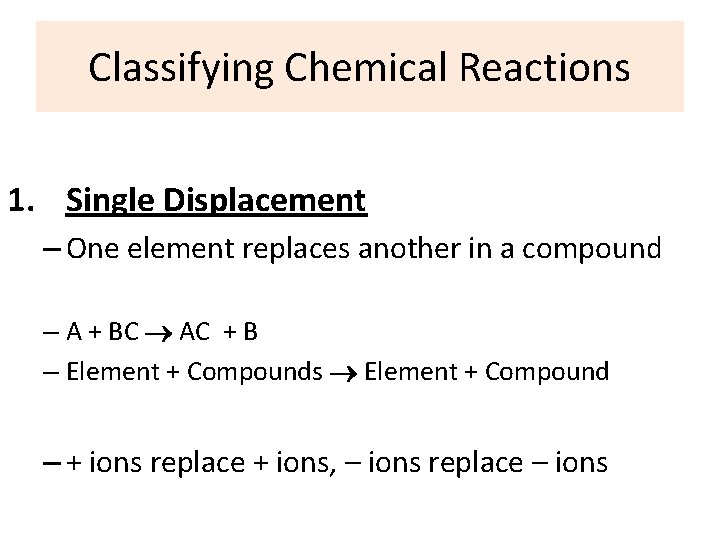 Classifying Chemical Reactions 1. Single Displacement – One element replaces another in a compound