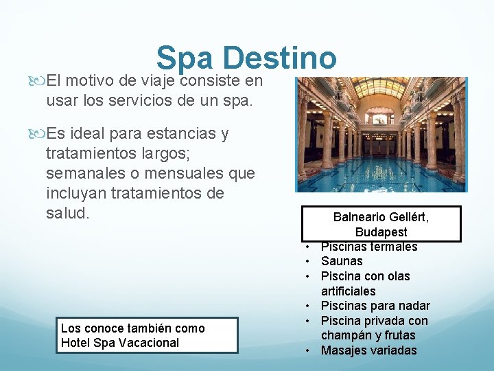 Spa Destino El motivo de viaje consiste en usar los servicios de un spa.
