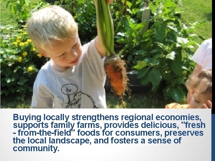 Buying locally strengthens regional economies, supports family farms, provides delicious, "fresh - from-the-field" foods