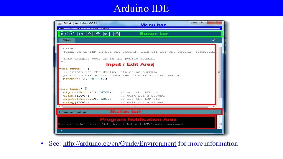 Arduino IDE • See: http: //arduino. cc/en/Guide/Environment for more information 