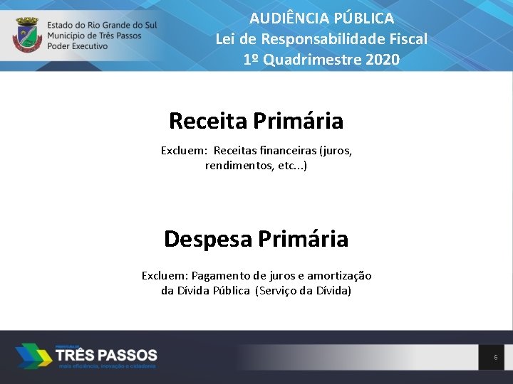 AUDIÊNCIA PÚBLICA Lei de Responsabilidade Fiscal 1º Quadrimestre 2020 Receita Primária Excluem: Receitas financeiras