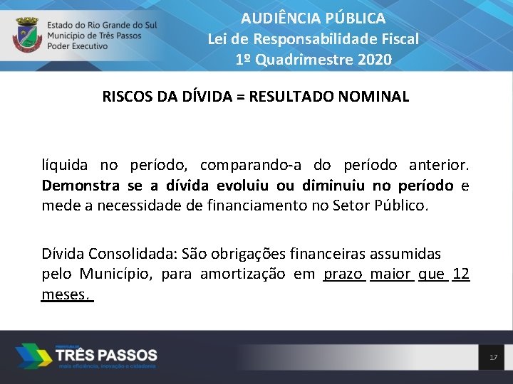 AUDIÊNCIA PÚBLICA Lei de Responsabilidade Fiscal 1º Quadrimestre 2020 RISCOS DA DÍVIDA = RESULTADO