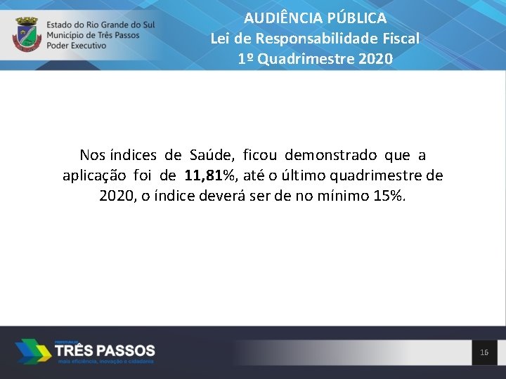 AUDIÊNCIA PÚBLICA Lei de Responsabilidade Fiscal 1º Quadrimestre 2020 Nos índices de Saúde, ficou