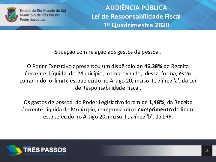 AUDIÊNCIA PÚBLICA Lei de Responsabilidade Fiscal 1º Quadrimestre 2020 Situação com relação aos gastos