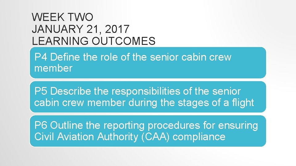 WEEK TWO JANUARY 21, 2017 LEARNING OUTCOMES P 4 Define the role of the