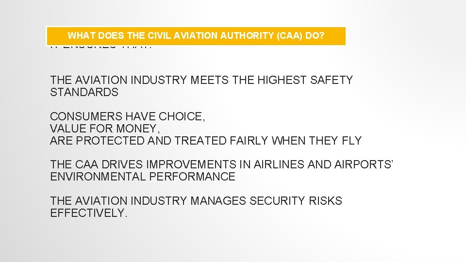 WHAT DOES THE CIVIL AVIATION AUTHORITY (CAA) DO? IT ENSURES THAT: THE AVIATION INDUSTRY