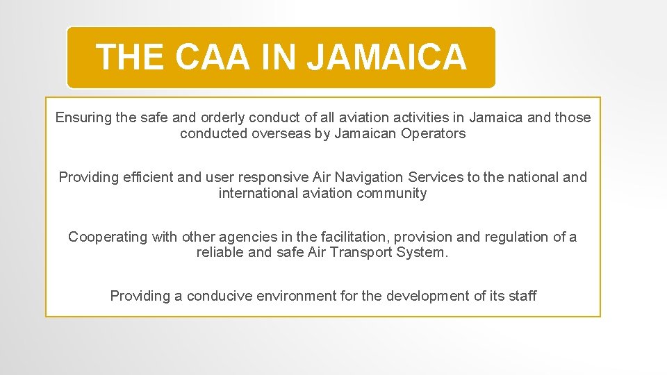 THE CAA IN JAMAICA Ensuring the safe and orderly conduct of all aviation activities