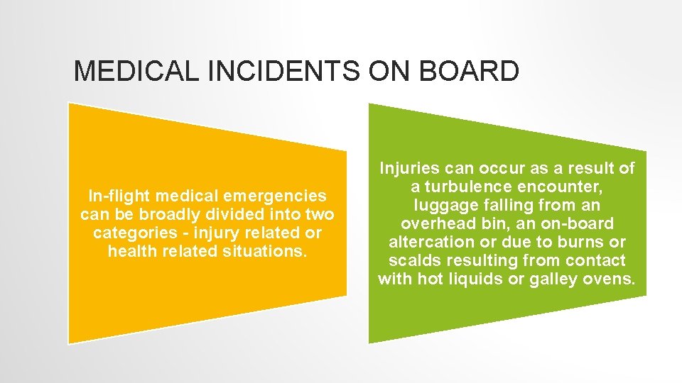 MEDICAL INCIDENTS ON BOARD In-flight medical emergencies can be broadly divided into two categories