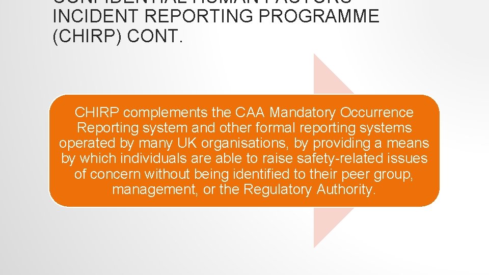 CONFIDENTIAL HUMAN FACTORS INCIDENT REPORTING PROGRAMME (CHIRP) CONT. CHIRP complements the CAA Mandatory Occurrence