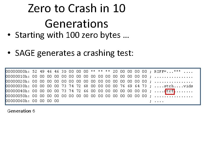 Zero to Crash in 10 Generations • Starting with 100 zero bytes … •