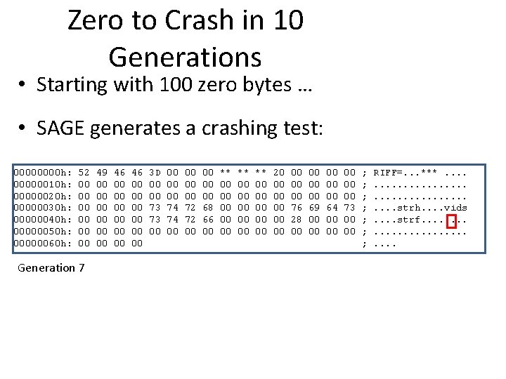 Zero to Crash in 10 Generations • Starting with 100 zero bytes … •