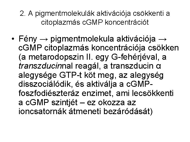 2. A pigmentmolekulák aktivációja csökkenti a citoplazmás c. GMP koncentrációt • Fény → pigmentmolekula