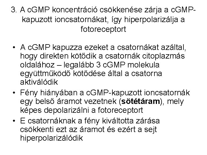 3. A c. GMP koncentráció csökkenése zárja a c. GMPkapuzott ioncsatornákat, így hiperpolarizálja a